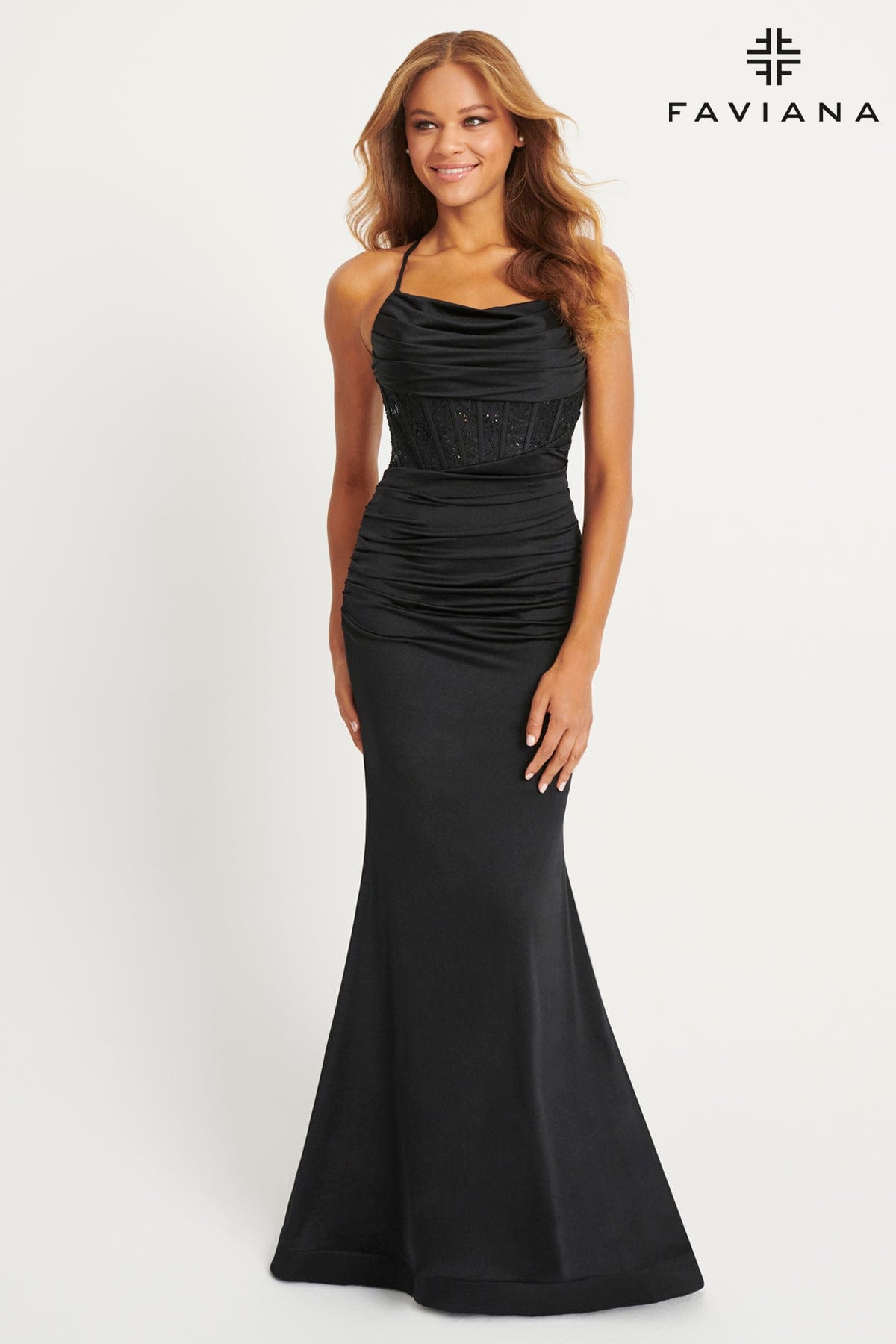 Cowl Neck Evening Gown With Stretch Lace Corset Detailing And Ruching Cowl Neck Evening Gown With Stretch Lace Corset Detailing And Ruching