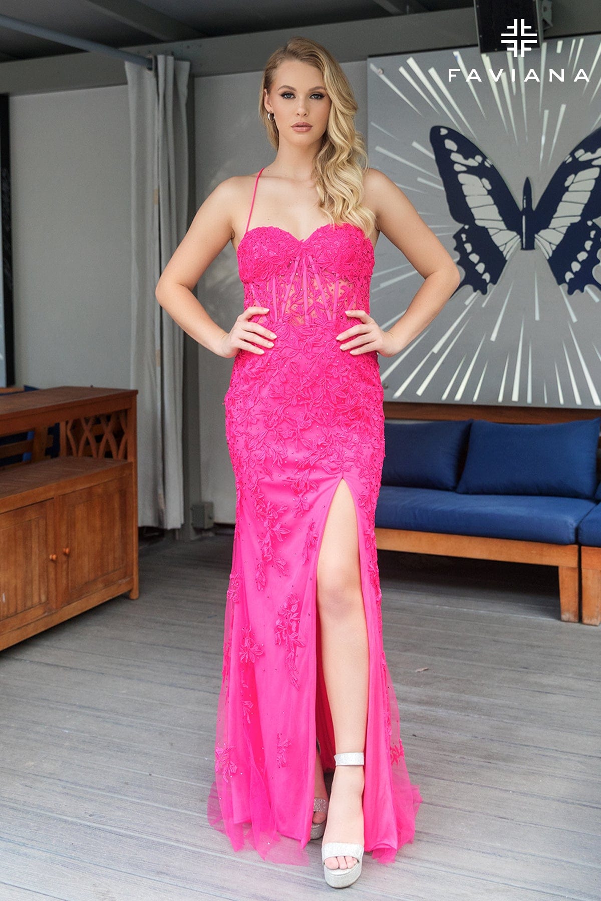 Hot Pink Sweetheart Lace Corset Dress With Lace-Up Back | 11054