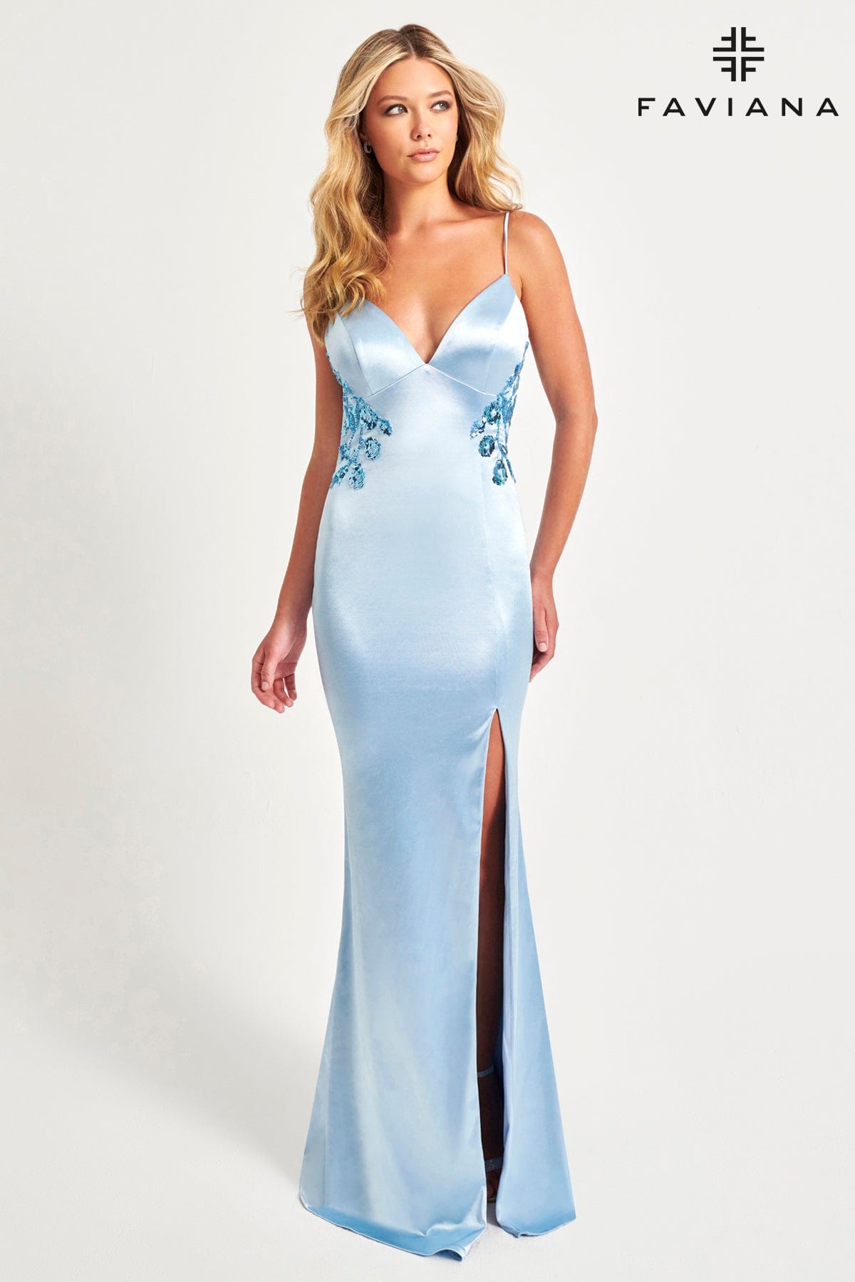 Satin V-Neck Long Dress With Cross-Back Detail And Beaded Appliqué | 11062