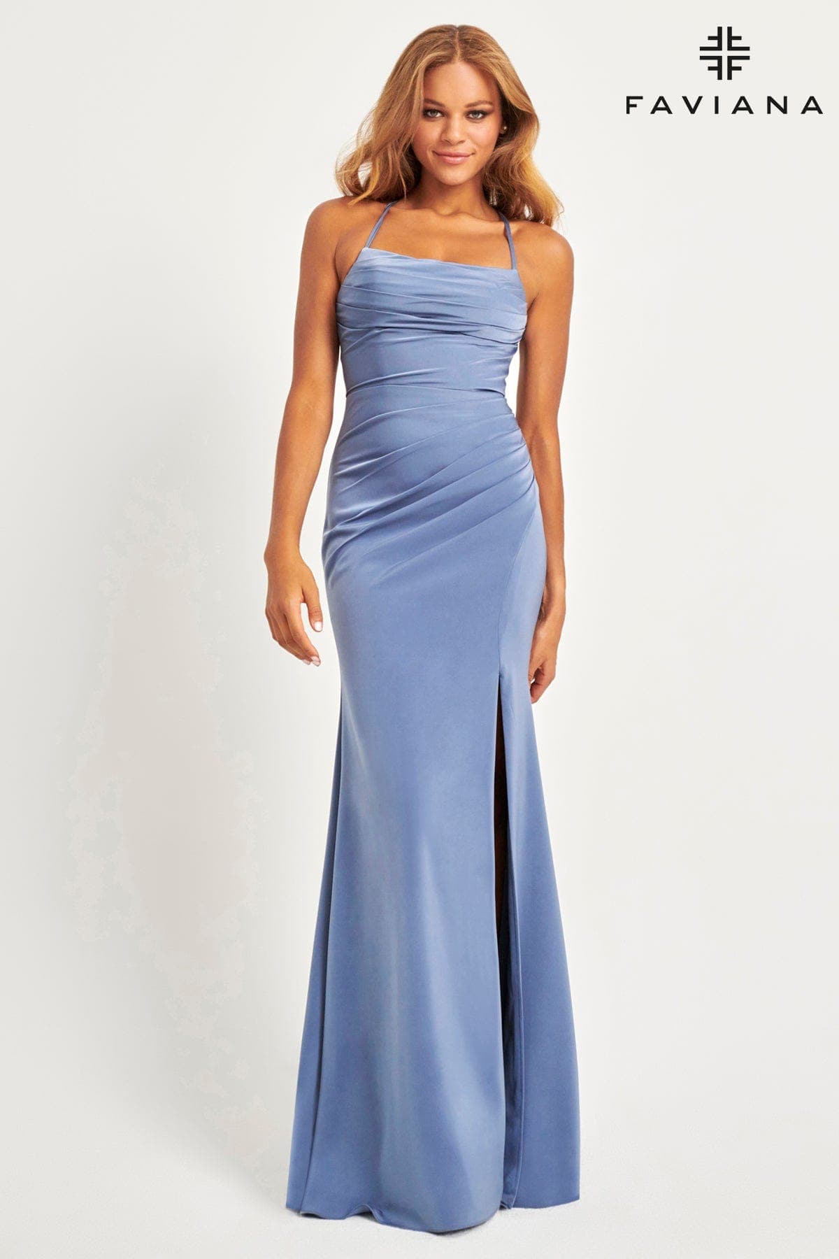 Slate Blue Matte Satin Maxi Dress With Gathered Side And Lace-Up Back Slate Blue Matte Satin Maxi Dress With Gathered Side And Lace-Up Back