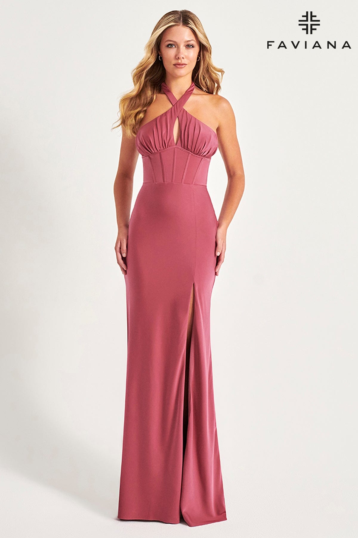 Halter Neck Corset Dress In Rose Matte Satin | 11065 Halter Neck Corset Dress In Rose Matte Satin | 11065