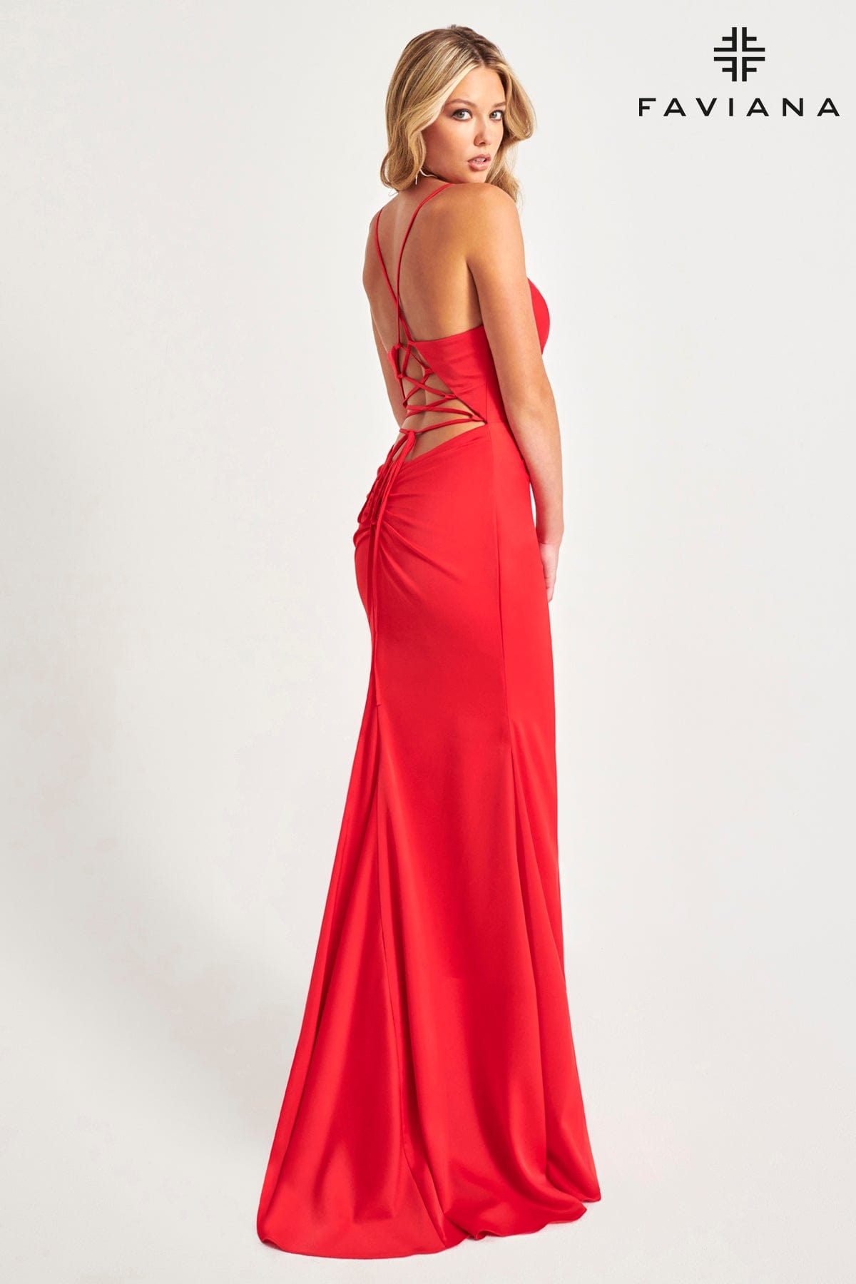 Matte Satin Long Dress With Crossover Pleating And Lace-Up Back | 11068