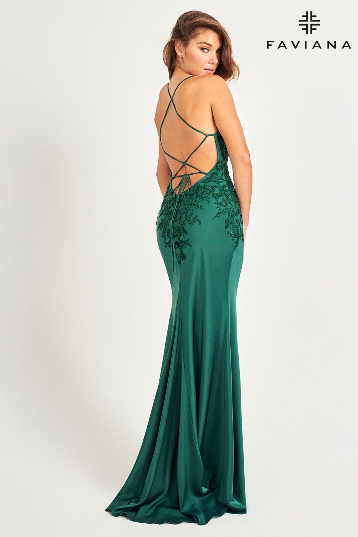 V-Neck Matte Satin And Lace Applique Long Dress | 11070