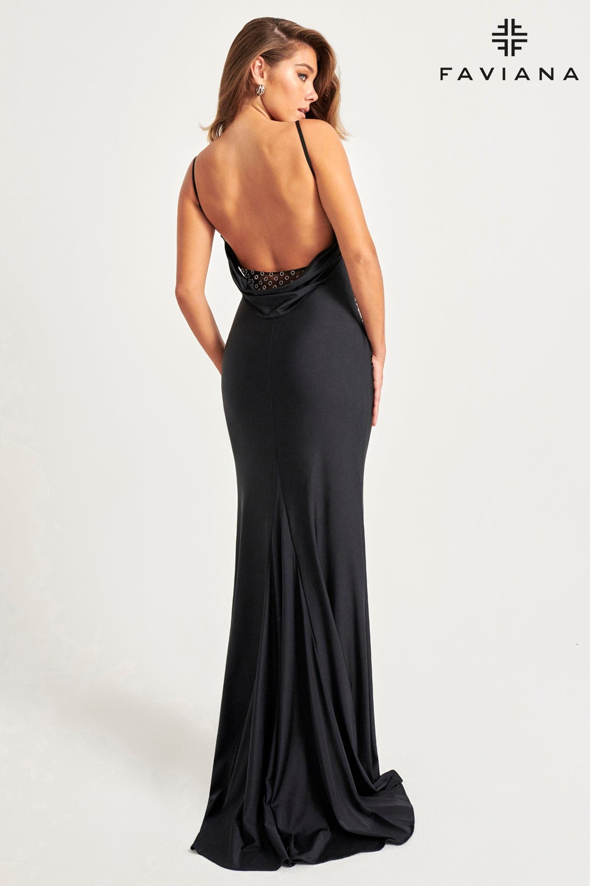 Cowl Back Dress With Peekaboo Applique Panel And Ruching | 11072