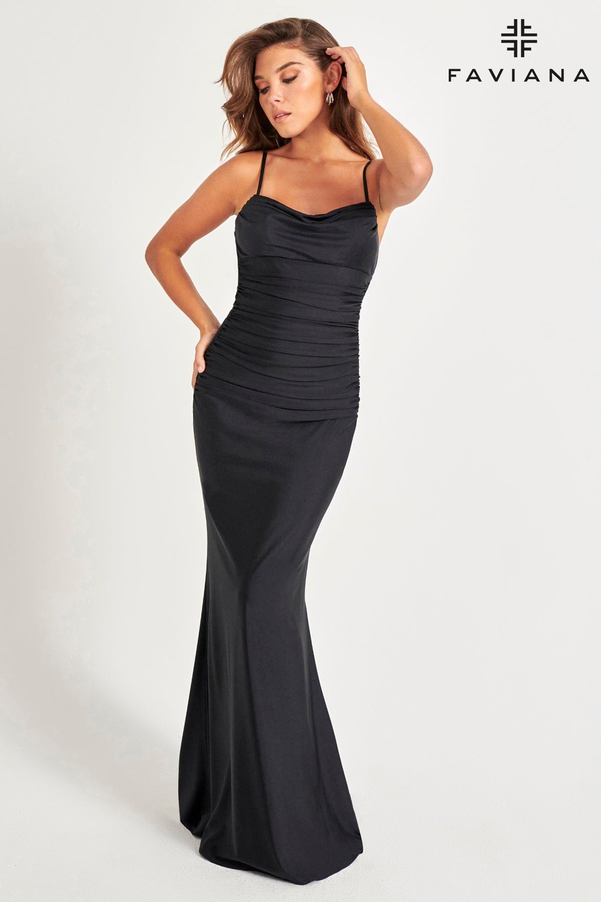 Cowl Back Dress With Peekaboo Applique Panel And Ruching | 11072