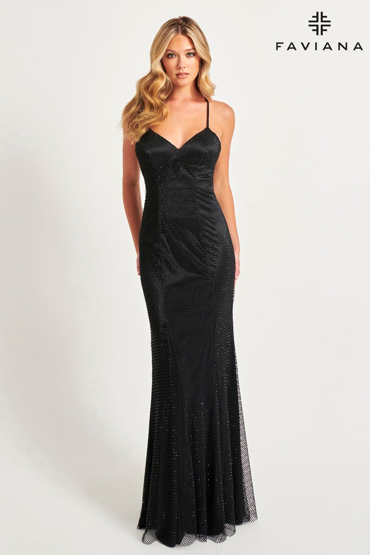 Cowl Back Hotfix Rhinestone Mesh Gown With V-Neck | 11080
