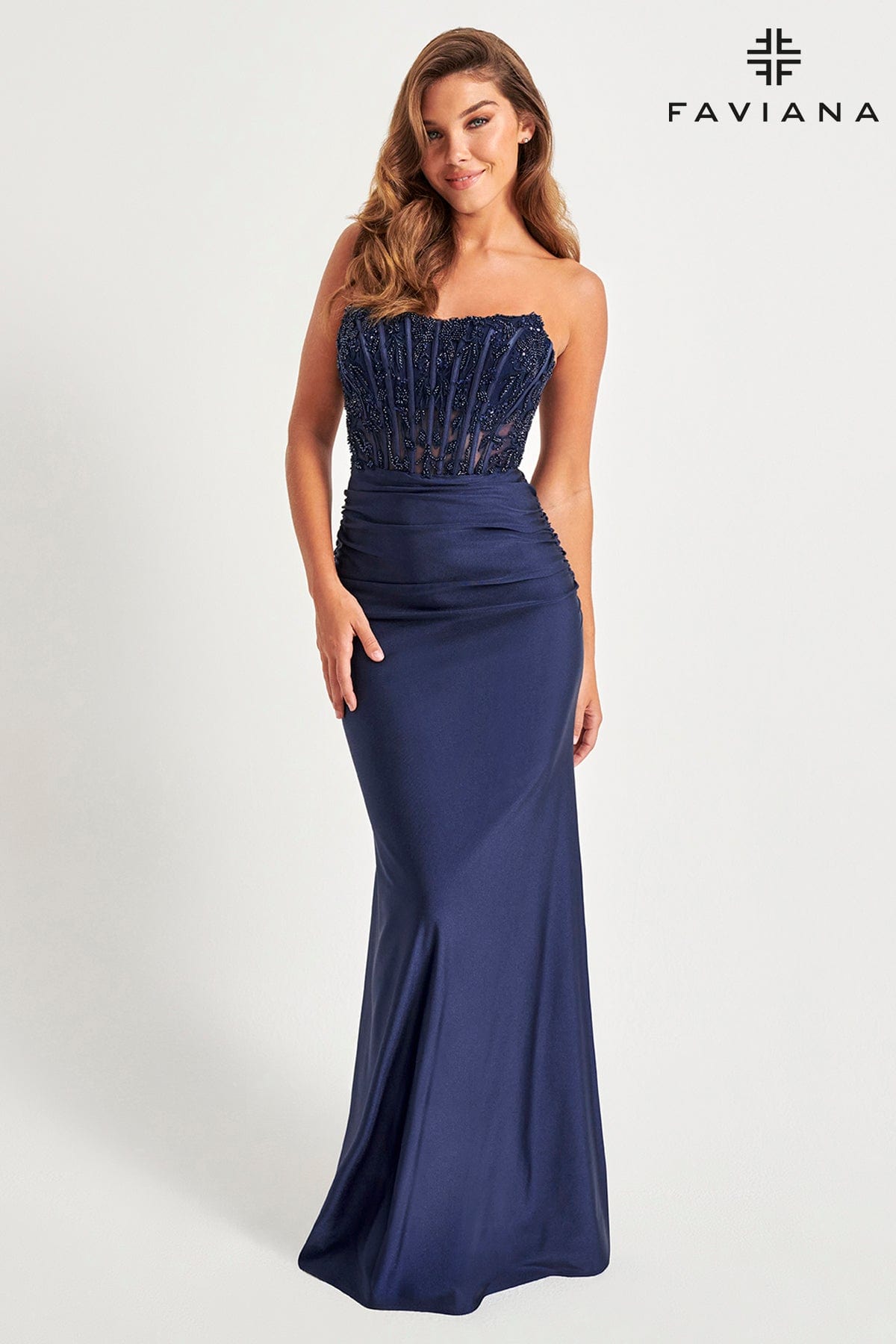 Navy Exposed Boning Strapless Corset Dress With Embroidered Appliqu | Navy Exposed Boning Strapless Corset Dress With Embroidered Appliqu |