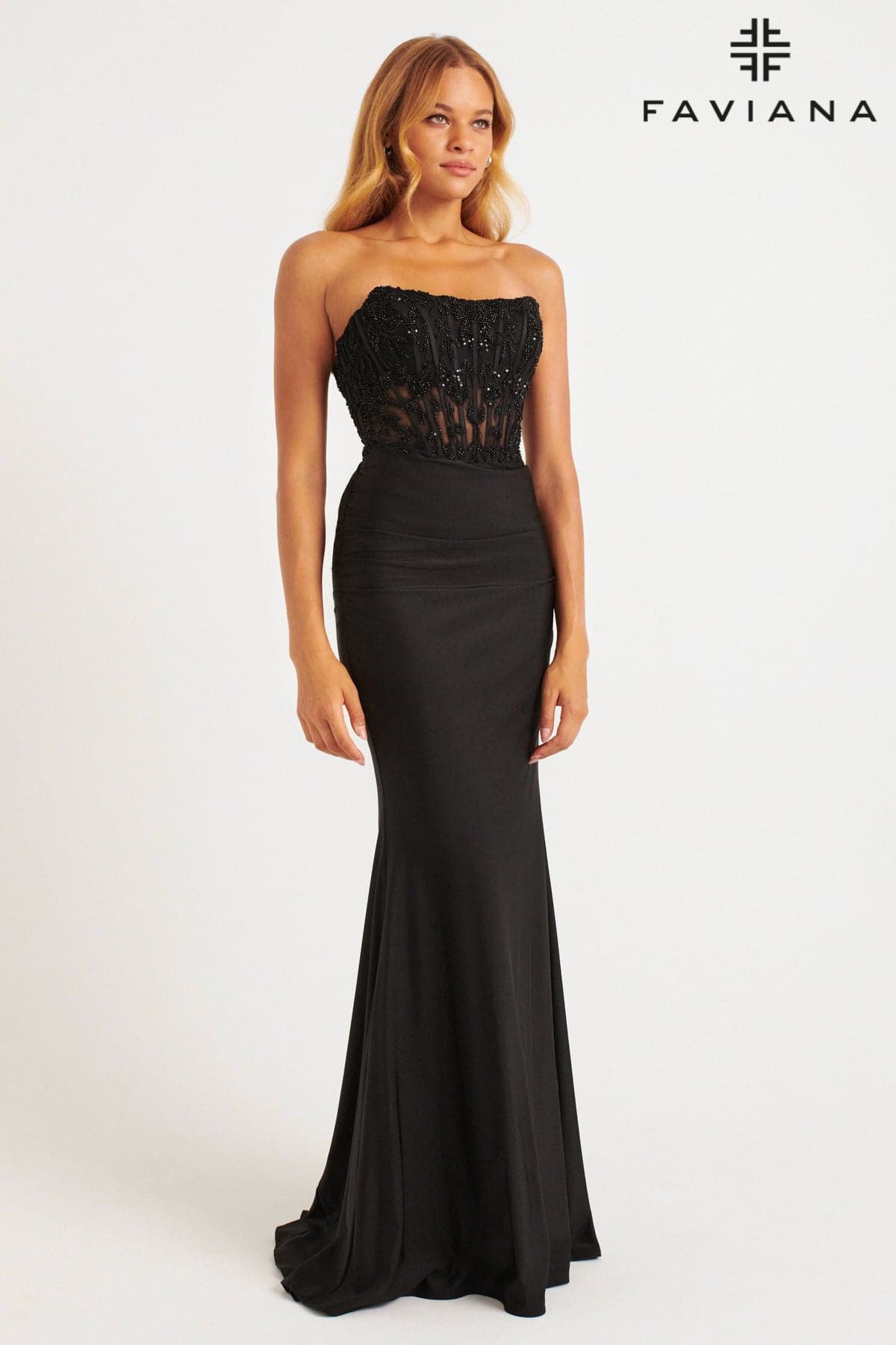 Black Exposed Boning Strapless Corset Dress With Embroidered Appliqué