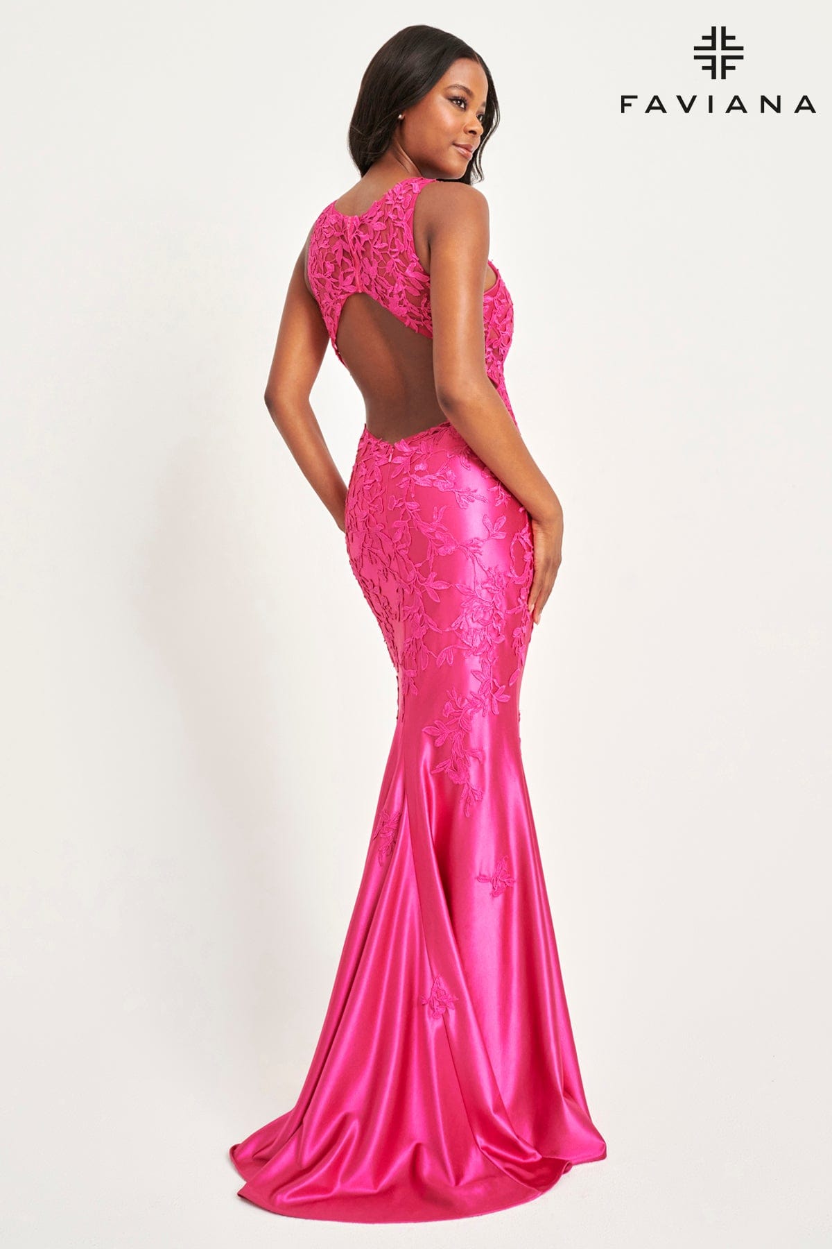 Shiny Satin Dress With Lace Applique And Open Back | 11082
