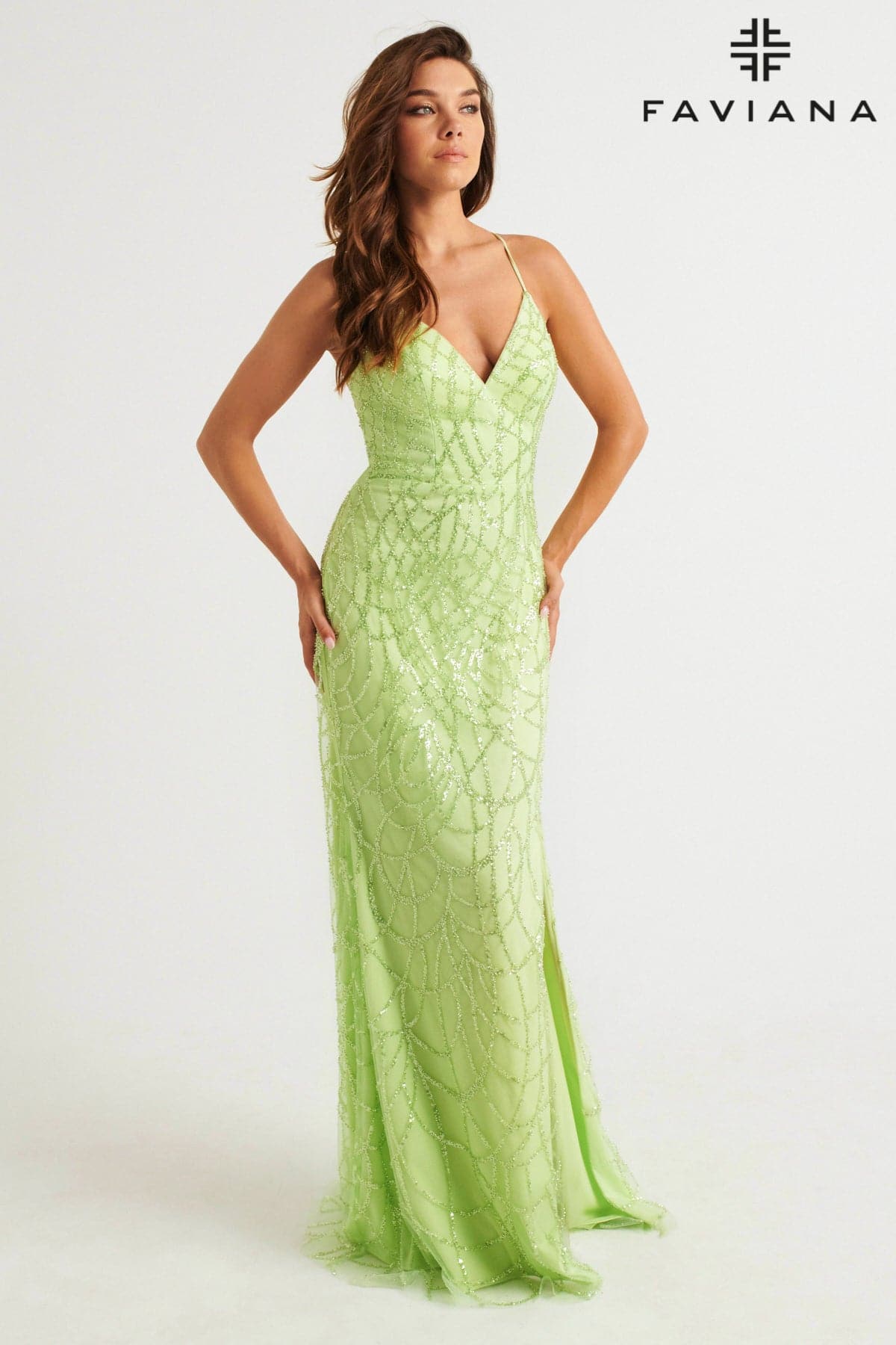 Celery Green V-Neck Dress With Silver Beaded Appliqu And Side Slit | Celery Green V-Neck Dress With Silver Beaded Appliqu And Side Slit |