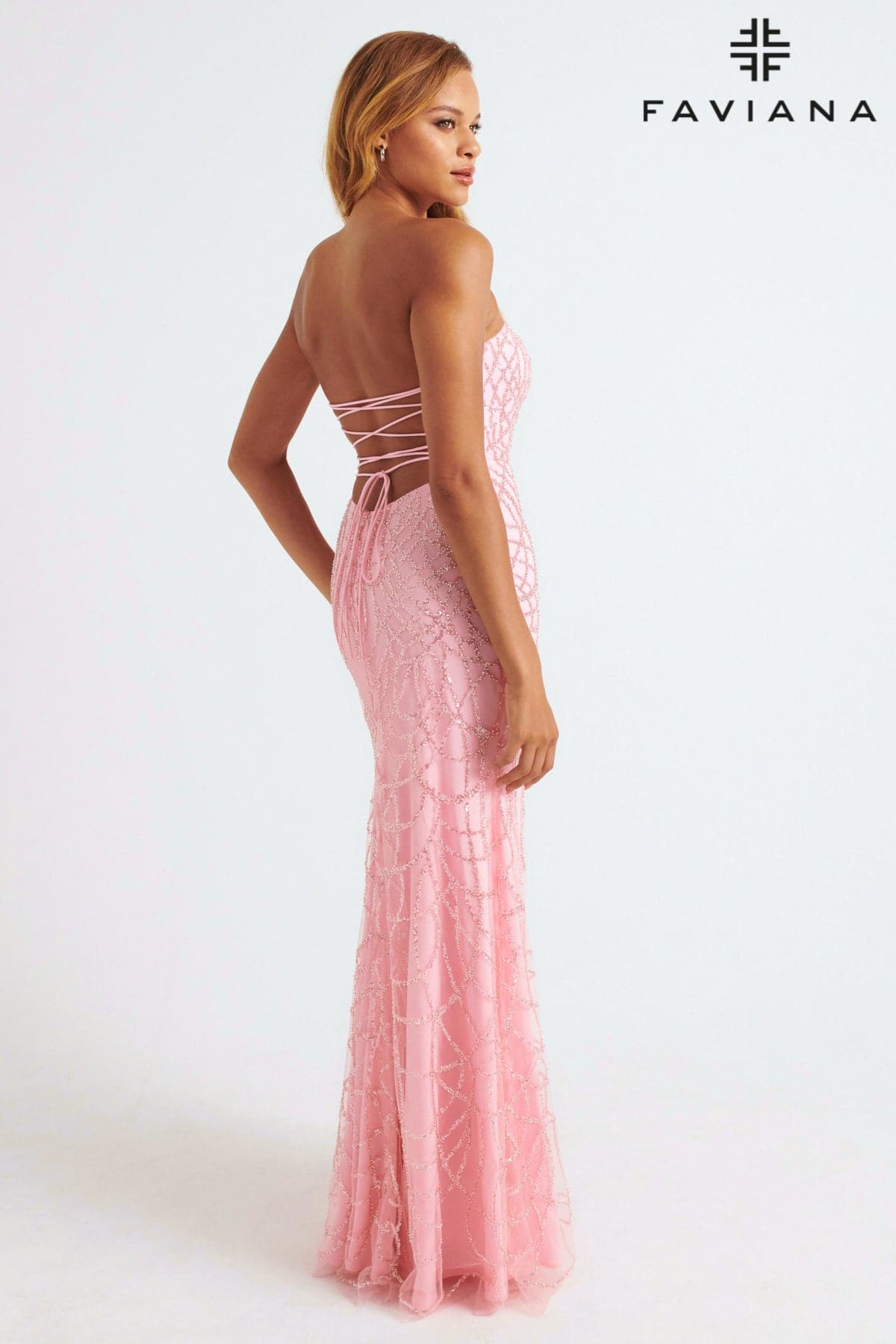 Light Pink Strapless Dress With Beaded Appliqu Tulle And Lace-Up Back Light Pink Strapless Dress With Beaded Appliqu Tulle And Lace-Up Back