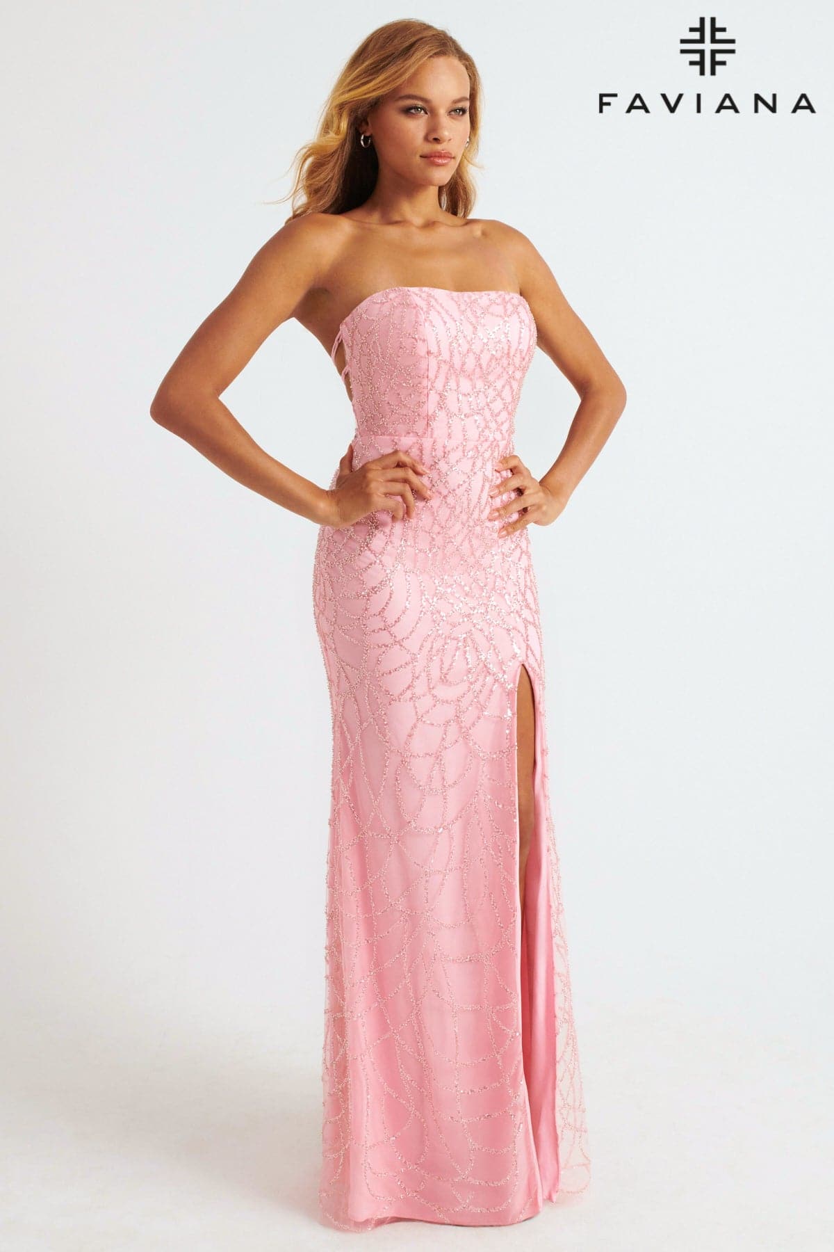 baby pink long dress Light Pink Strapless Dress With Beaded Appliqué Tulle And Lace-Up Back