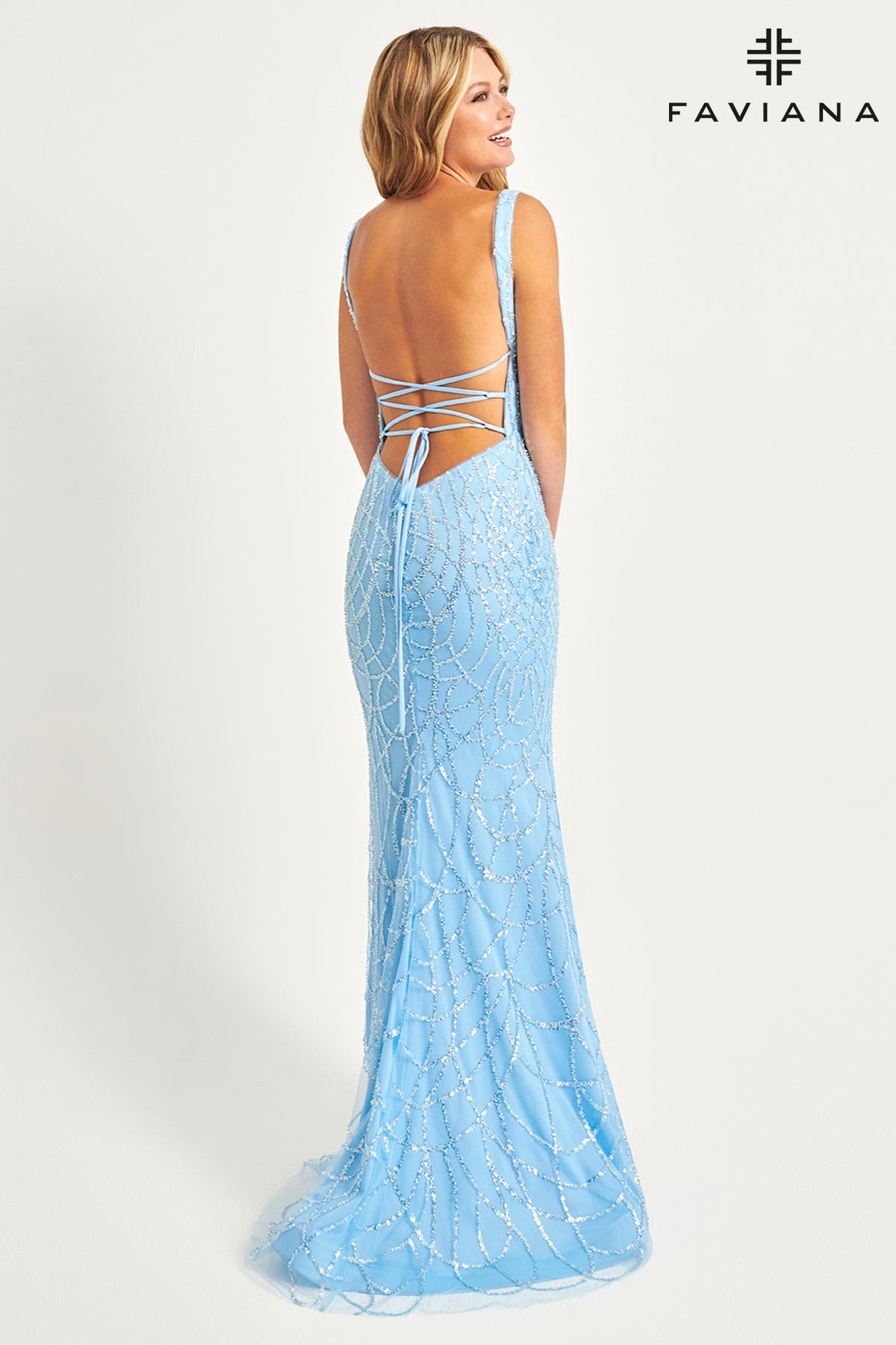V-Neck Beaded Tulle Applique Dress With Lace-Up Back | 11086