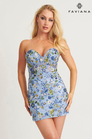 Cloud Blue Strapless Corset Mini Dress With Floral Beaded Appliqué Cloud Blue Strapless Corset Mini Dress With Floral Beaded Appliqué