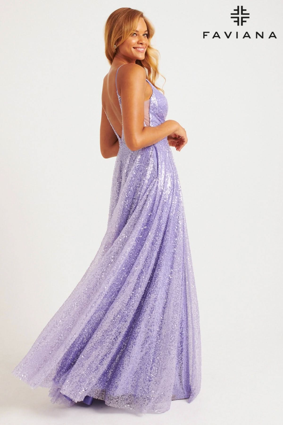 Light Blue Shimmery Sequin A-Line Gown With Crossover V-Neck Detail | 11203