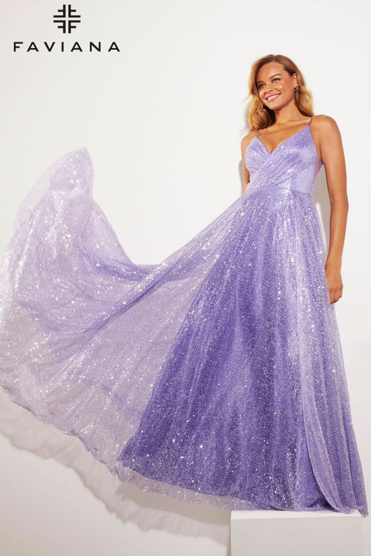 Shimmery Sequin A-Line Gown With Crossover V-Neck Detail | 11203