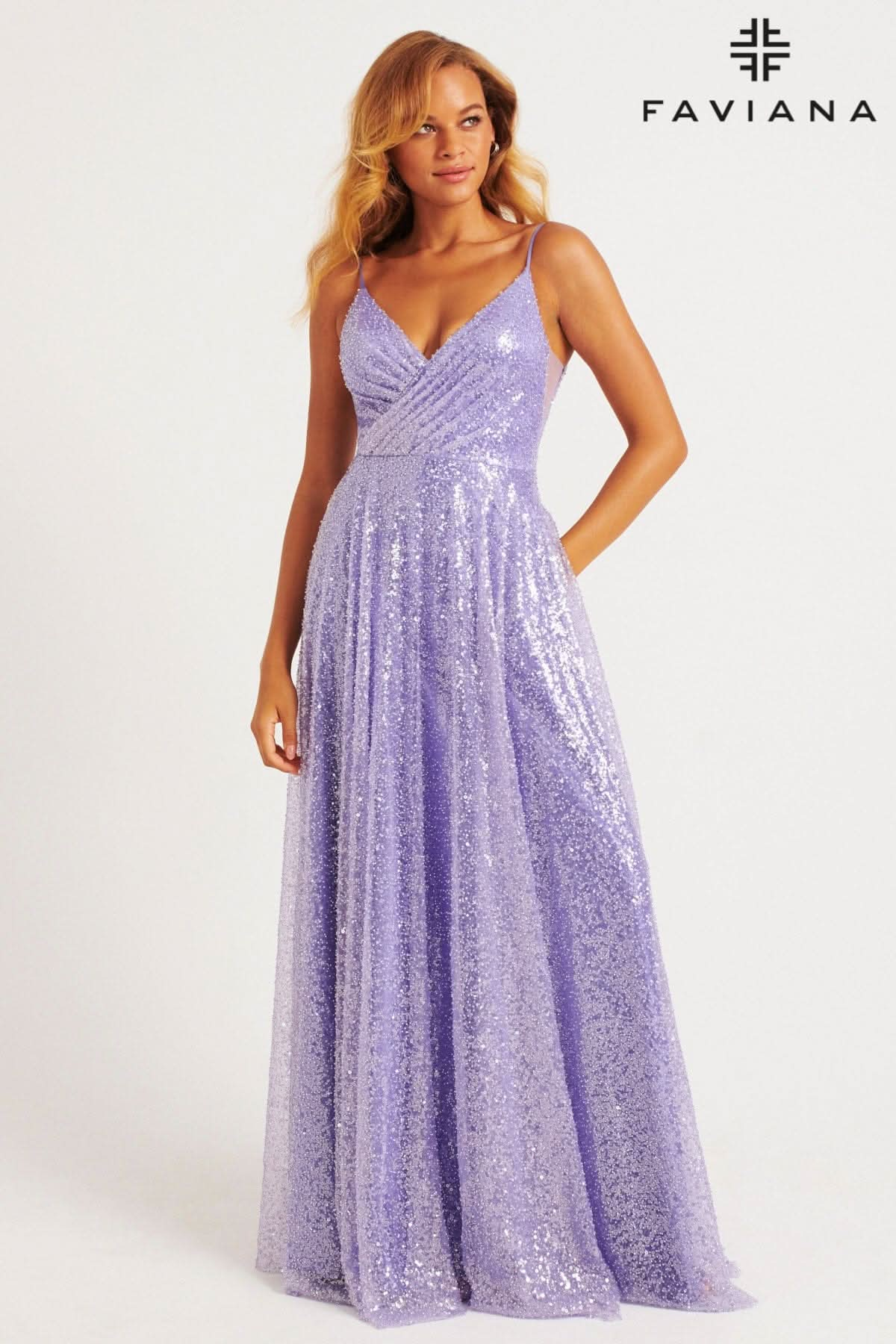 Shimmery Sequin A-Line Gown With Crossover V-Neck Detail | 11203