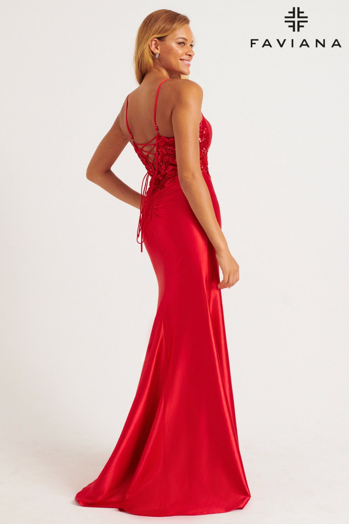 Stretch Satin Gown With Beaded Appliqué Paneling and Leg Slit | 11205