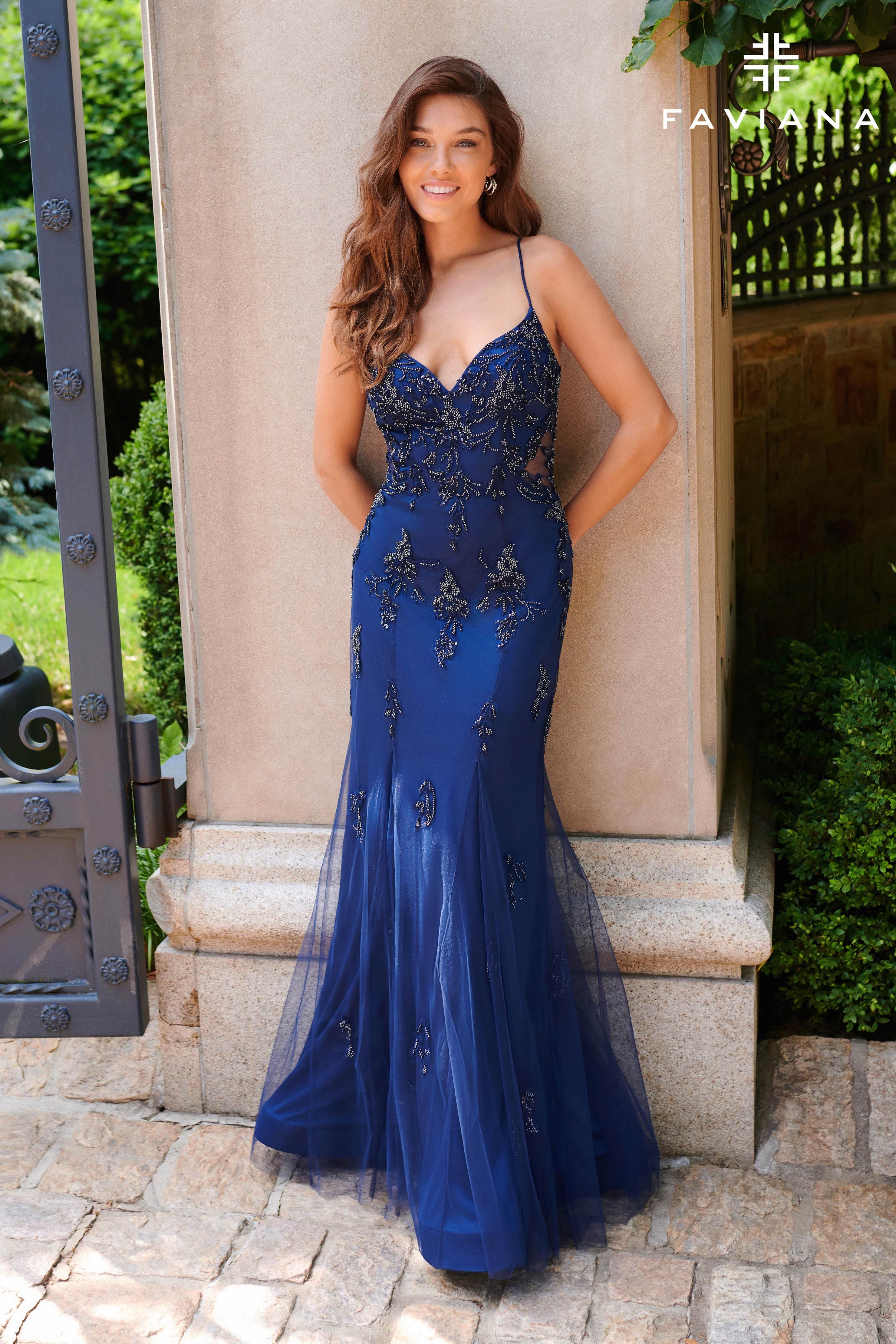 Navy Beaded Lace Long V Neck Dress With See-Through Mesh Paneling | 11 Navy Beaded Lace Long V Neck Dress With See-Through Mesh Paneling | 11