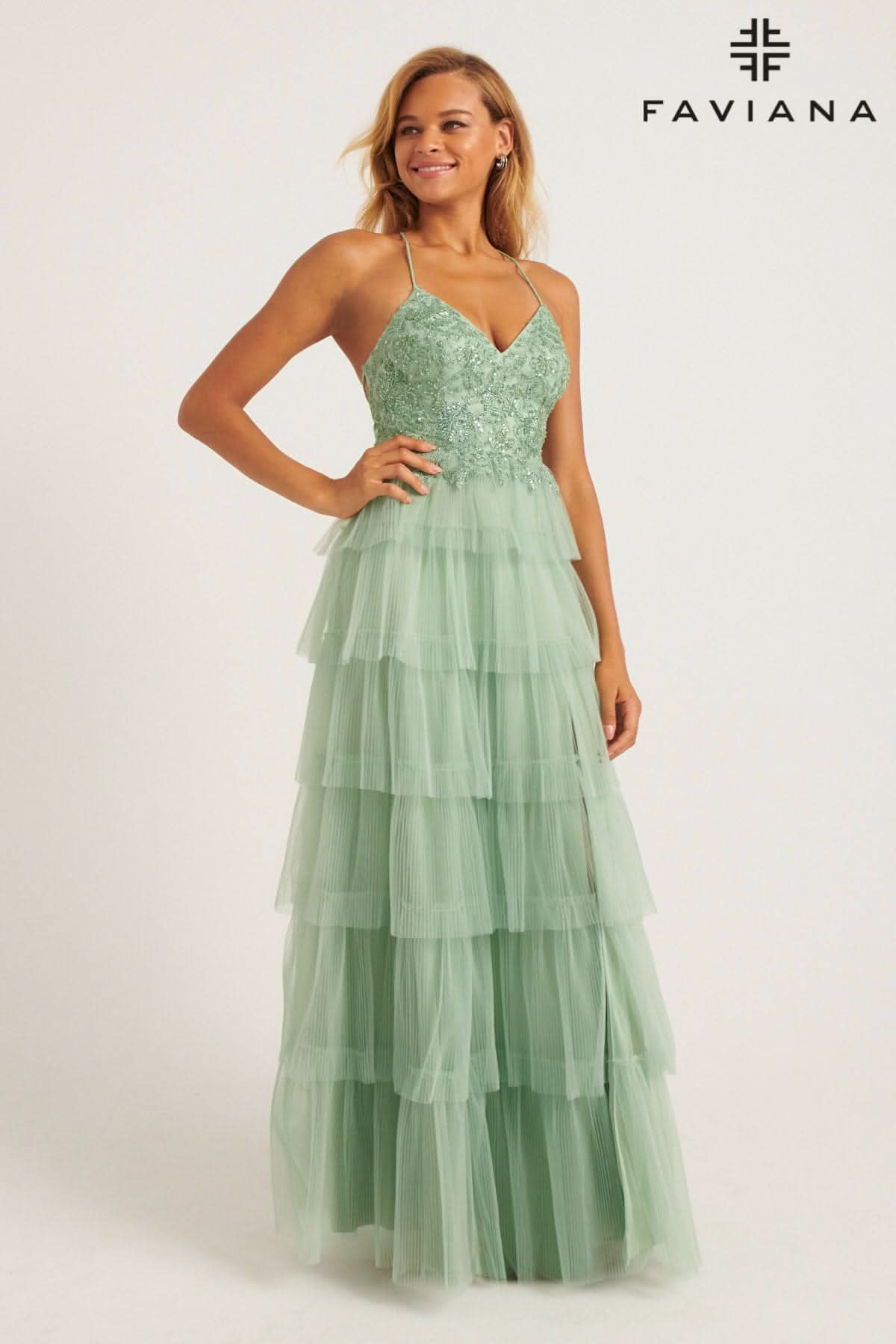 Tiered Pleated Tulle Long Dress With Lace V-Neck Bustier | 11231