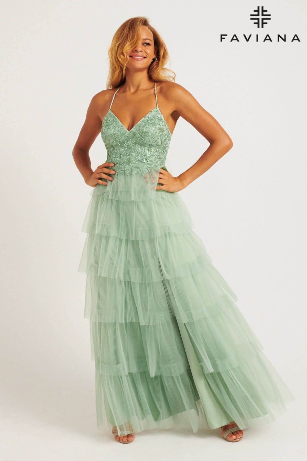 Tiered Pleated Tulle Long Dress With Lace V-Neck Bustier | 11231