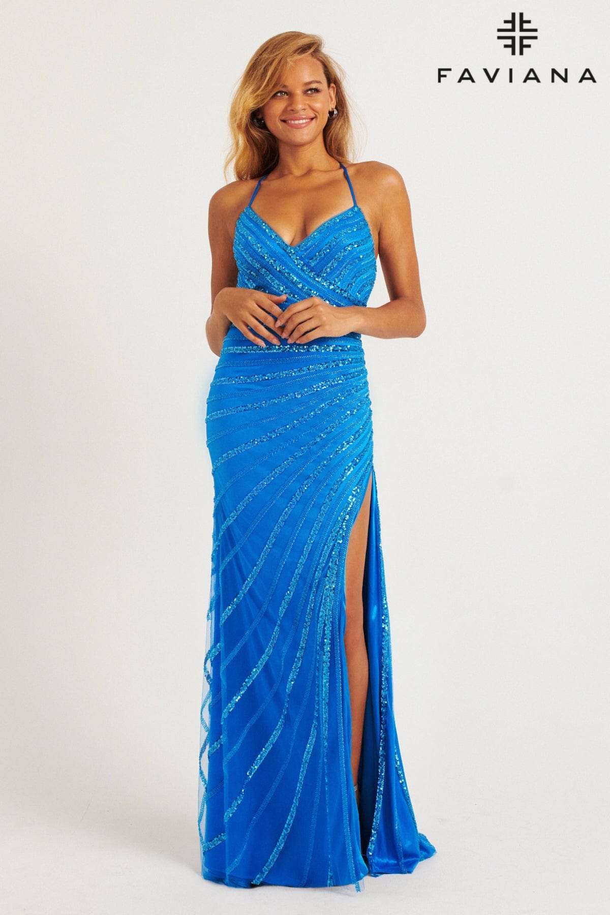 Bright Linear Beaded V-Neck Long Dress | 11242