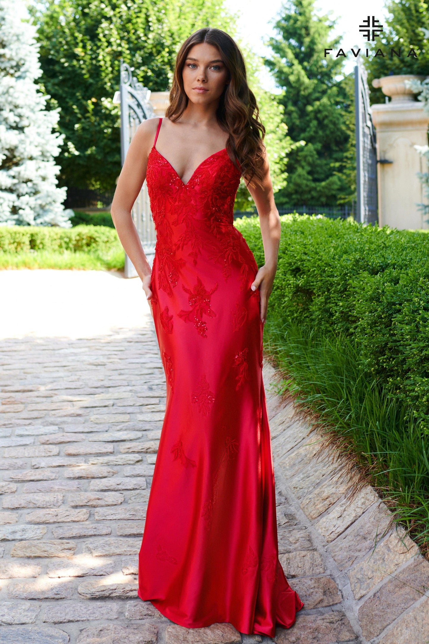 Red Beaded Satin Long V Neck Dress With Open Back | 11245 Red Beaded Satin Long V Neck Dress With Open Back | 11245