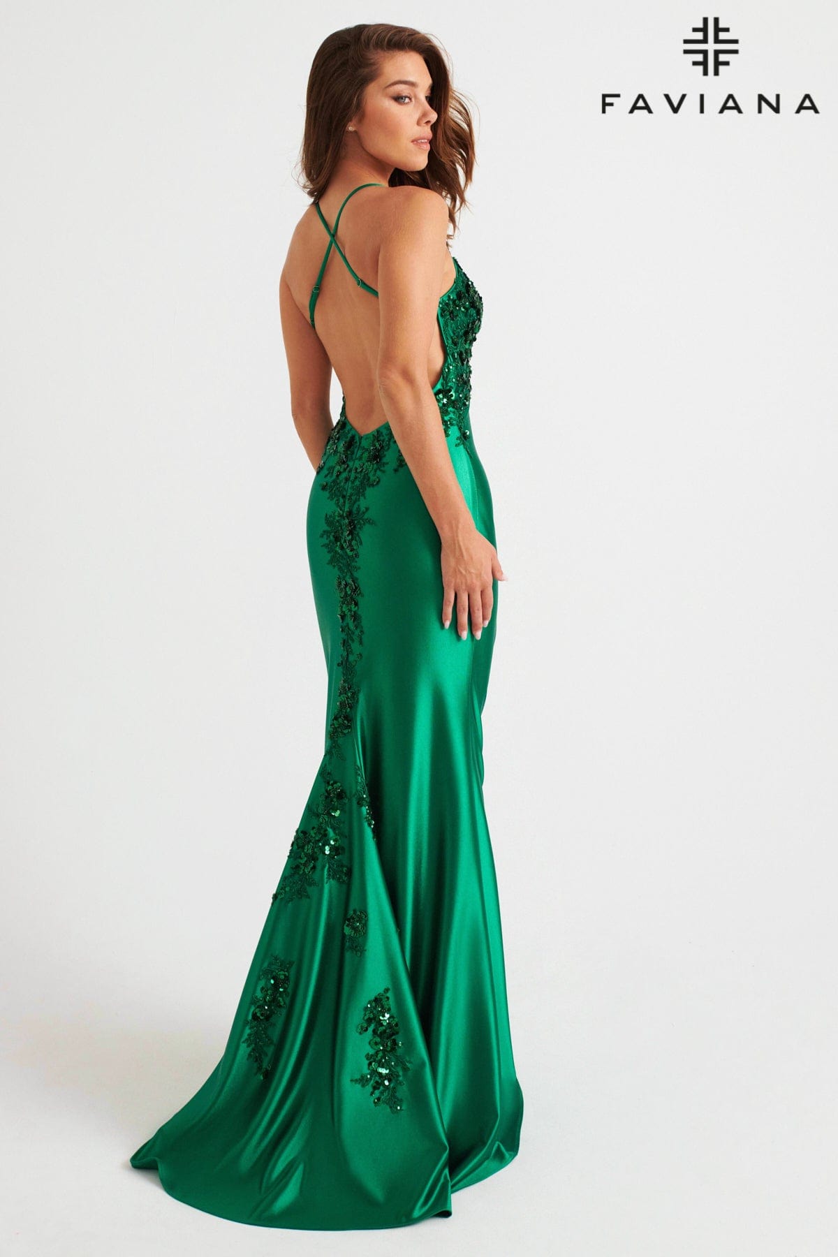 Low-Back Satin Dress With Beading Along The Back Skirt And Bustier | 1 Low-Back Satin Dress With Beading Along The Back Skirt And Bustier | 1