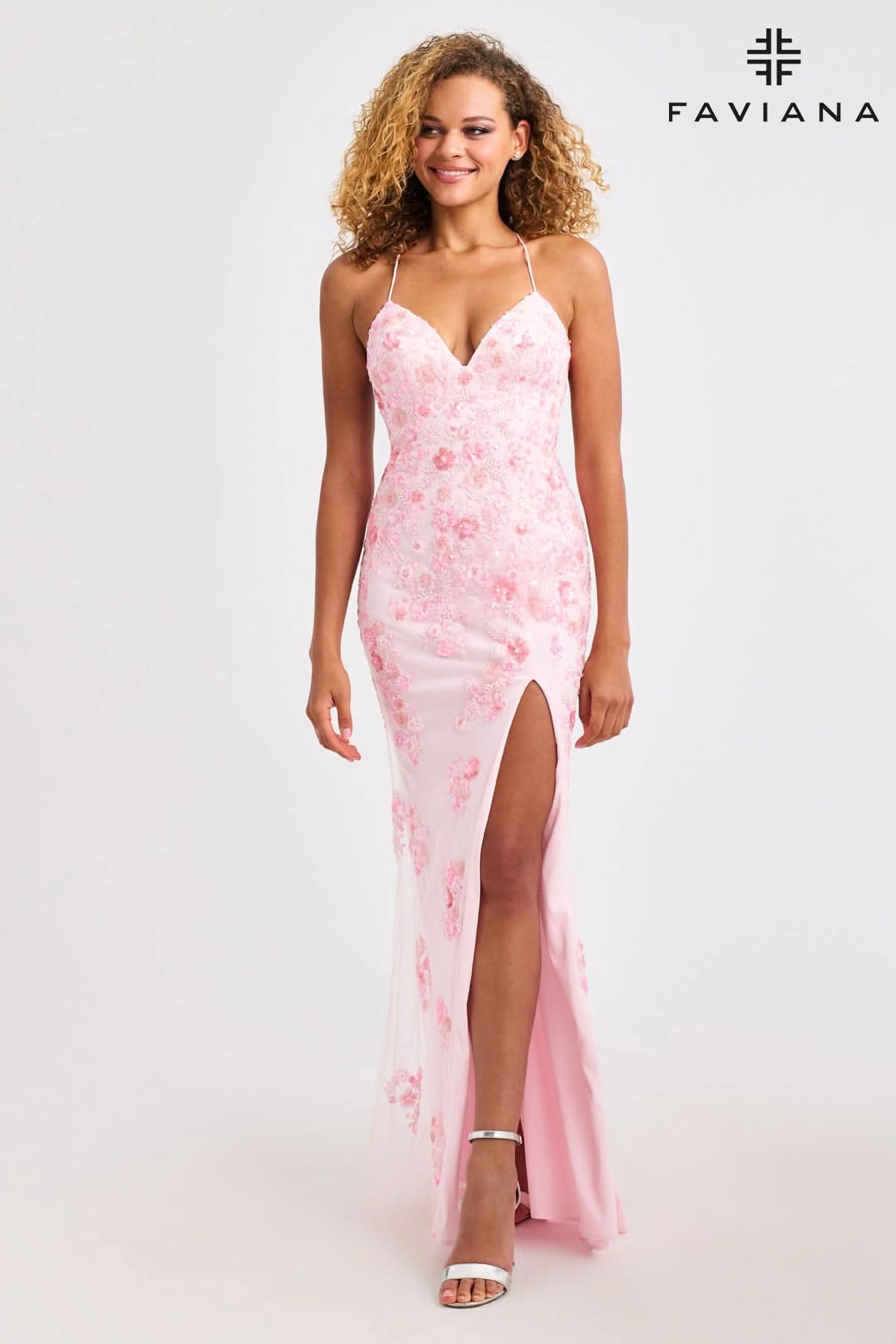 Rose Pink Long V-Neck Dress With Floral Beaded Appliqu | 11251 Rose Pink Long V-Neck Dress With Floral Beaded Appliqu | 11251
