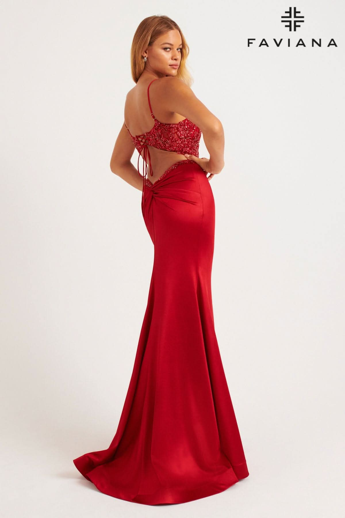 Sparkle Stretch Satin Beaded Long Dress With Lace-Up Open Back | 11256