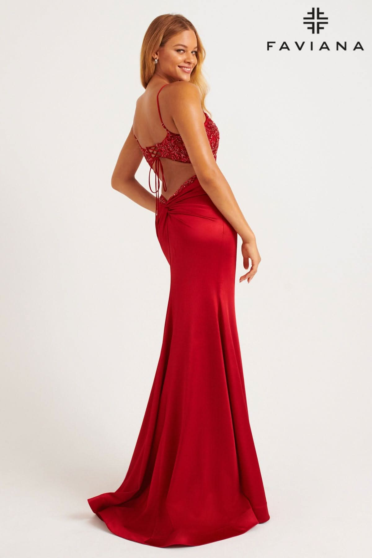 Sparkle Stretch Satin Beaded Long Dress With Lace-Up Open Back | 11256