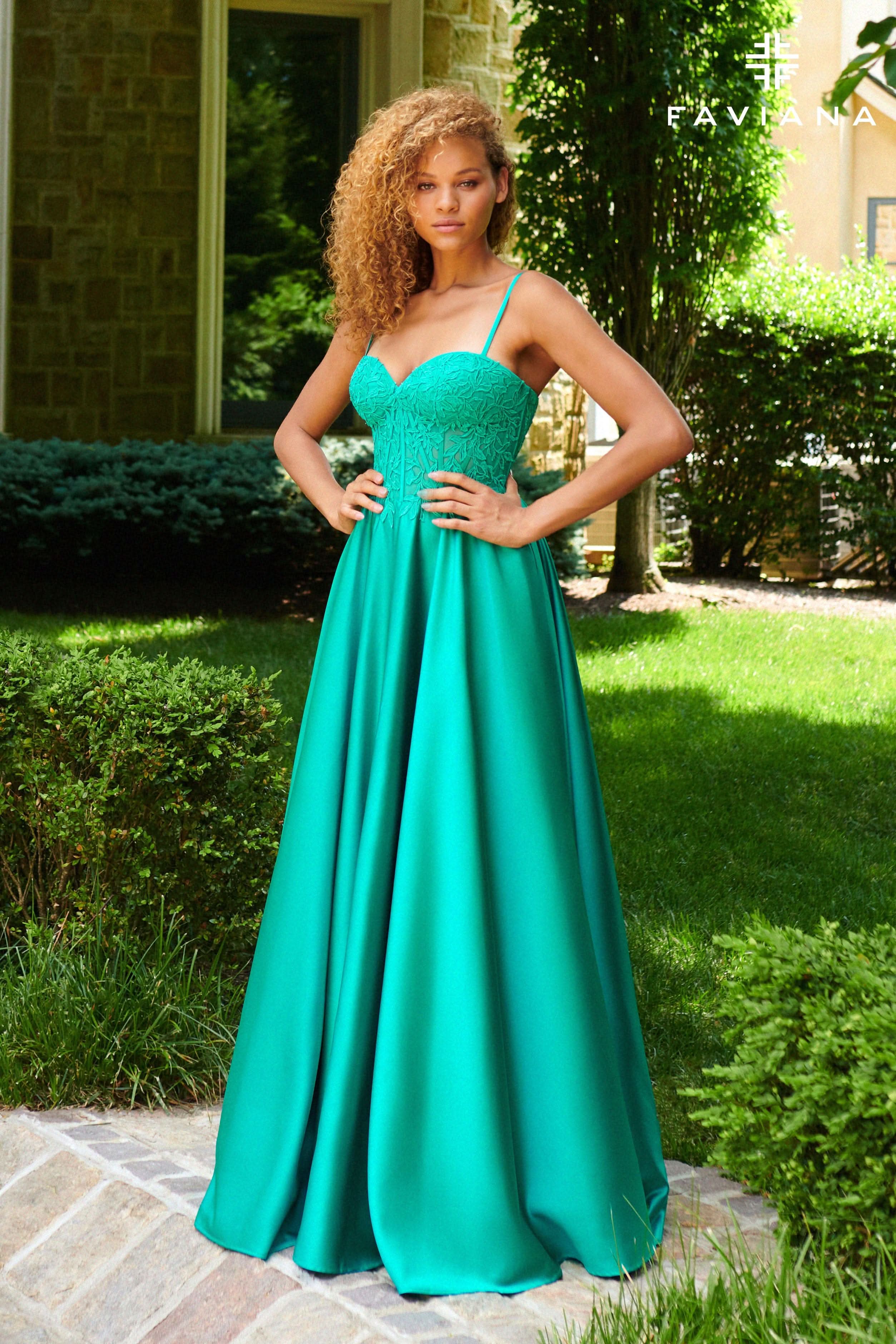Jade Green Satin Ballgown Dress With Lace Appliqu Corset | 11259 Jade Green Satin Ballgown Dress With Lace Appliqu Corset | 11259