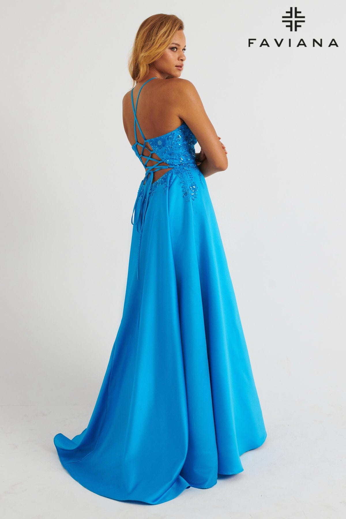 Satin Ballgown Dress With Lace Up Back And Beaded Lace V Neck | 11260