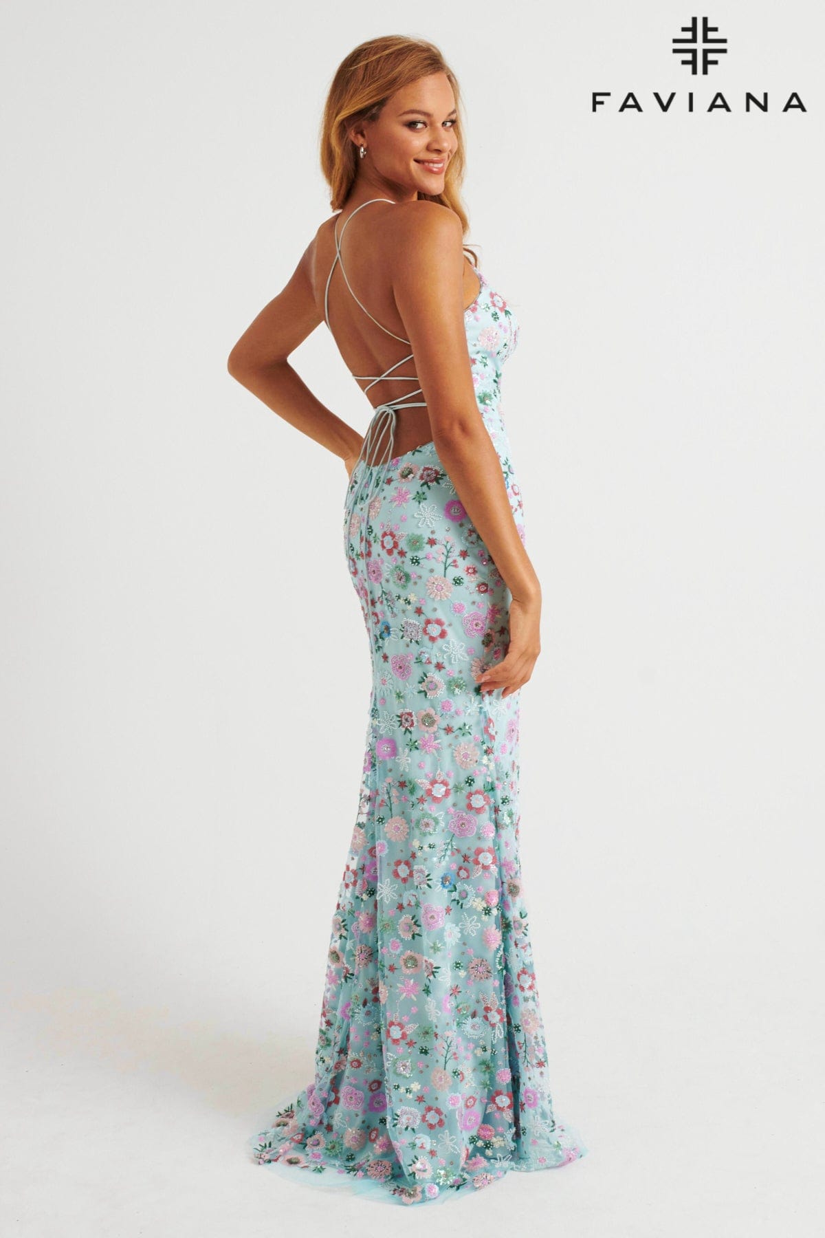 Light Blue V-Neck Multi-Colored Floral Beaded Appliqu Long Dress With Light Blue V-Neck Multi-Colored Floral Beaded Appliqu Long Dress With