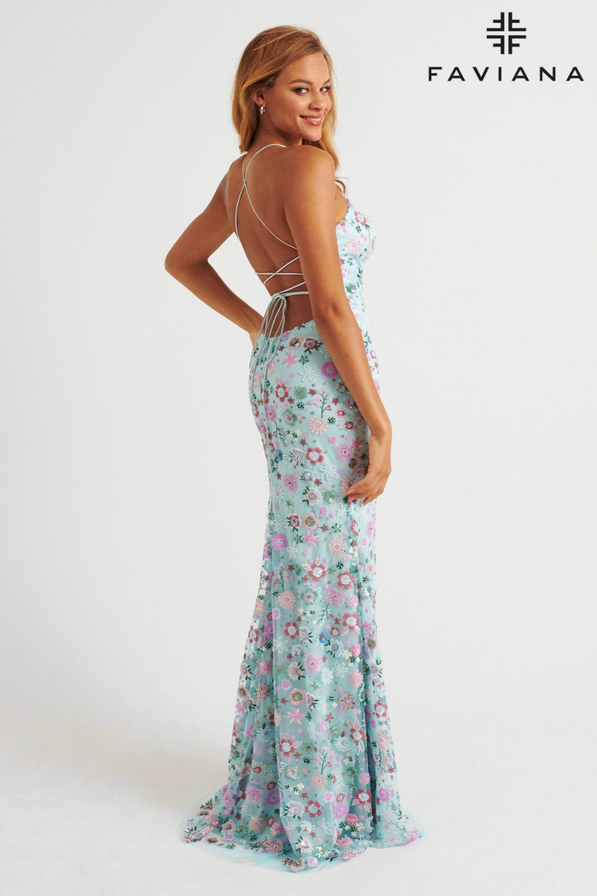 V-Neck Multi-Colored Floral Beaded Appliqué Long Dress With Lace-Up Back | 11263