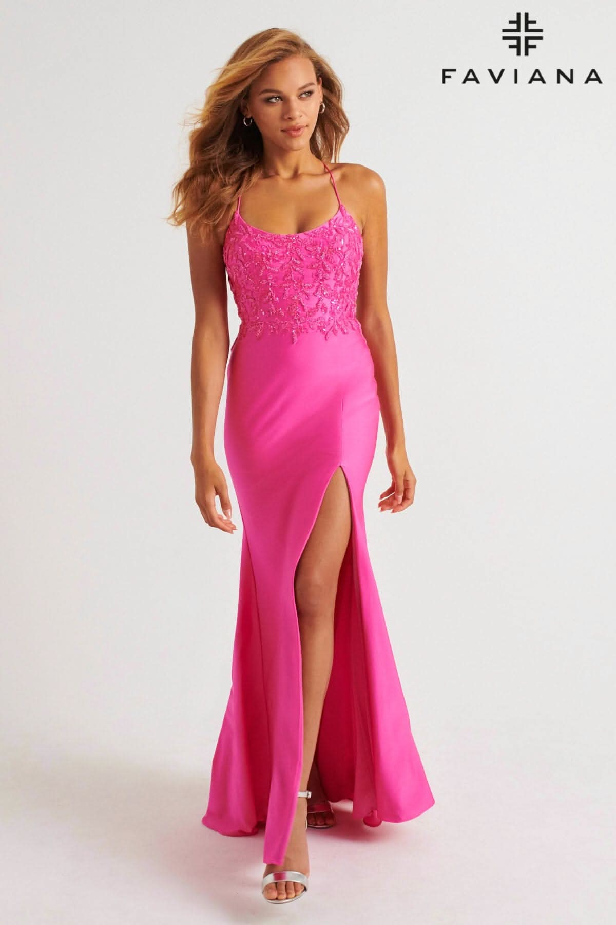 Pink Scoop Neck Stretch Charmeuse Dress With Beading | 11264