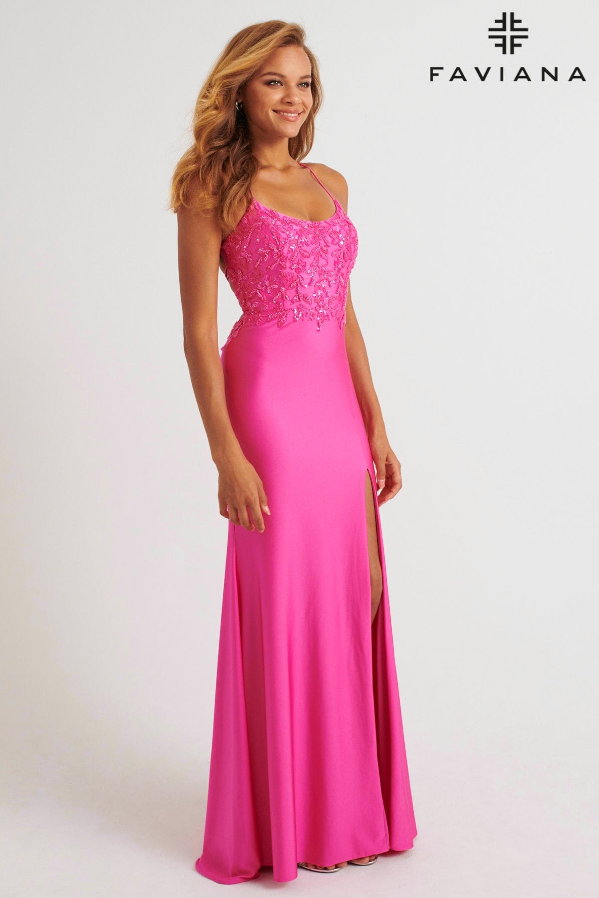 Pink Scoop Neck Stretch Charmeuse Dress With Beading | 11264