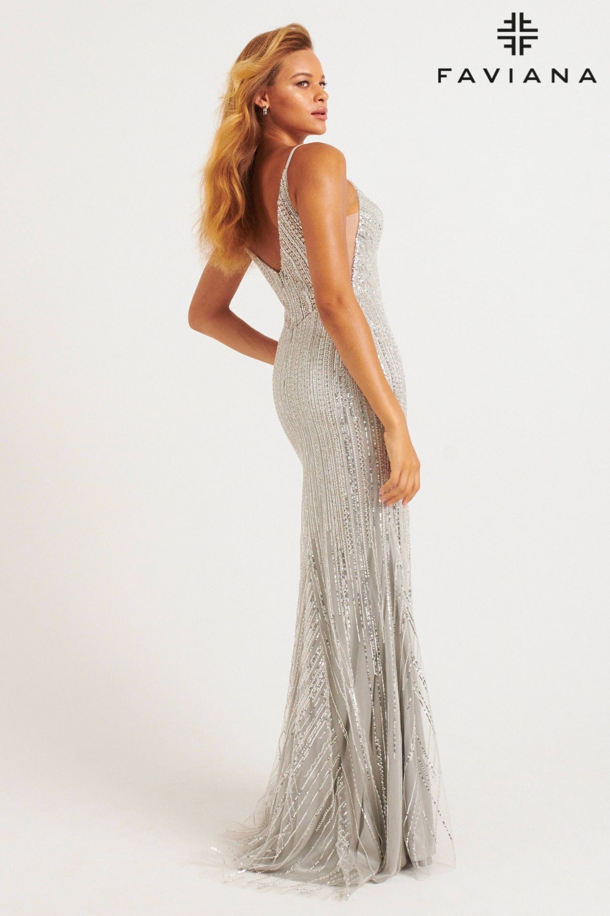 Dazzling Beaded V-Neck Evening Gown With V-Back | 11269