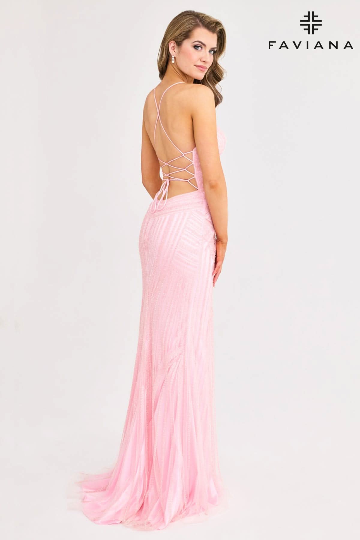 Glamorous Beaded V-Neck Gown With Lace-Up Back | 11270