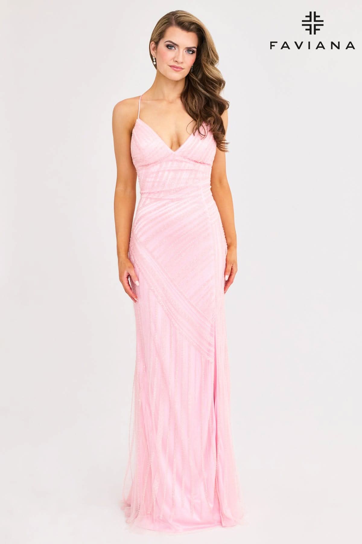 Glamorous Beaded V-Neck Gown With Lace-Up Back | 11270
