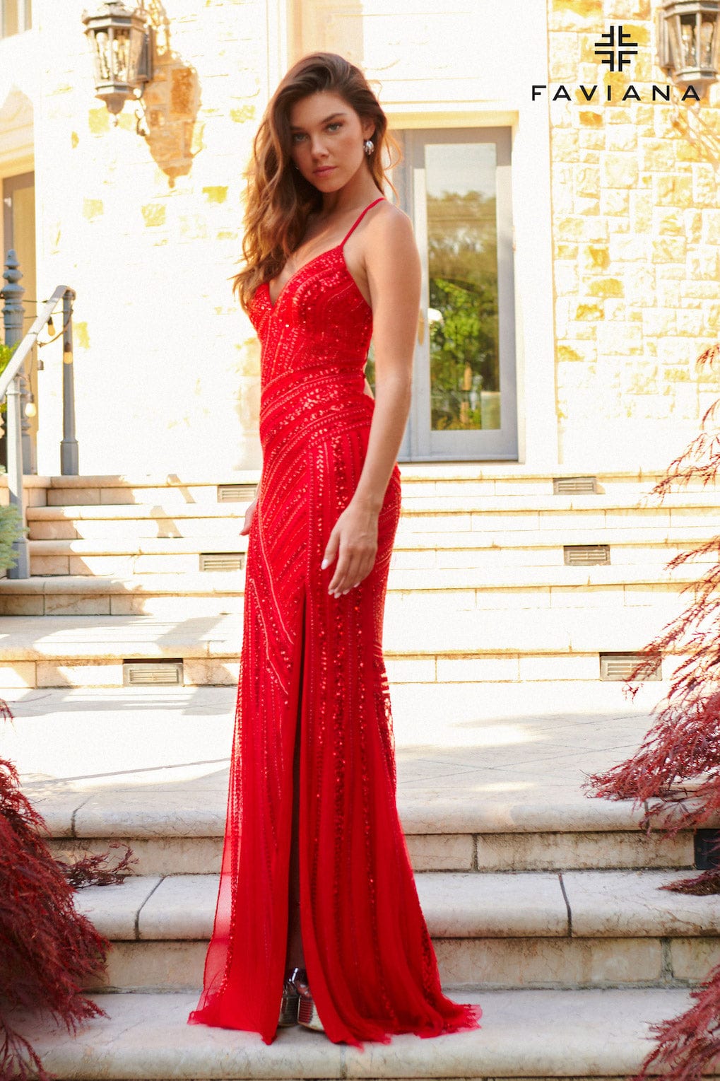 Glamorous Red Beaded V-Neck Gown With Lace-Up Back | 11270