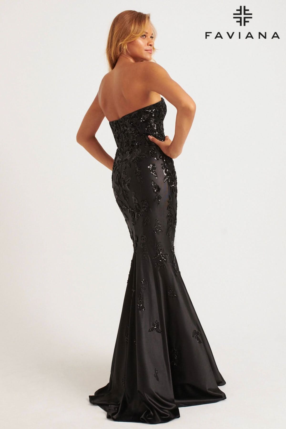 Black Strapless Mermaid Satin Dress With Sequin Appliqué