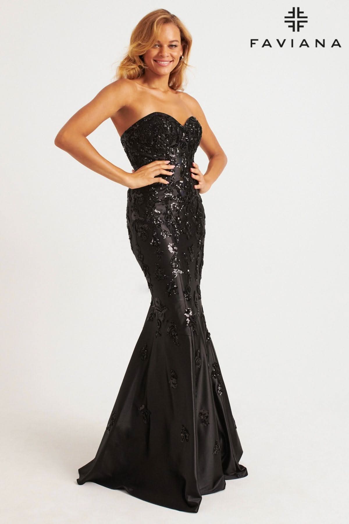 Black Strapless Mermaid Satin Dress With Sequin Appliqué