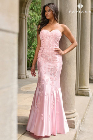 Strapless Light Pink Mermaid Satin Dress With Sequin Appliqué