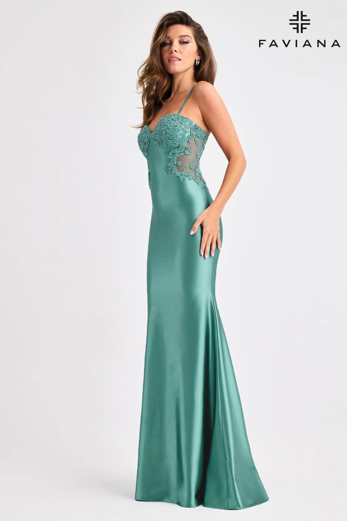 Satin Open Back Dress With Beaded Appliqué And Illusion Mesh Sides | 11403