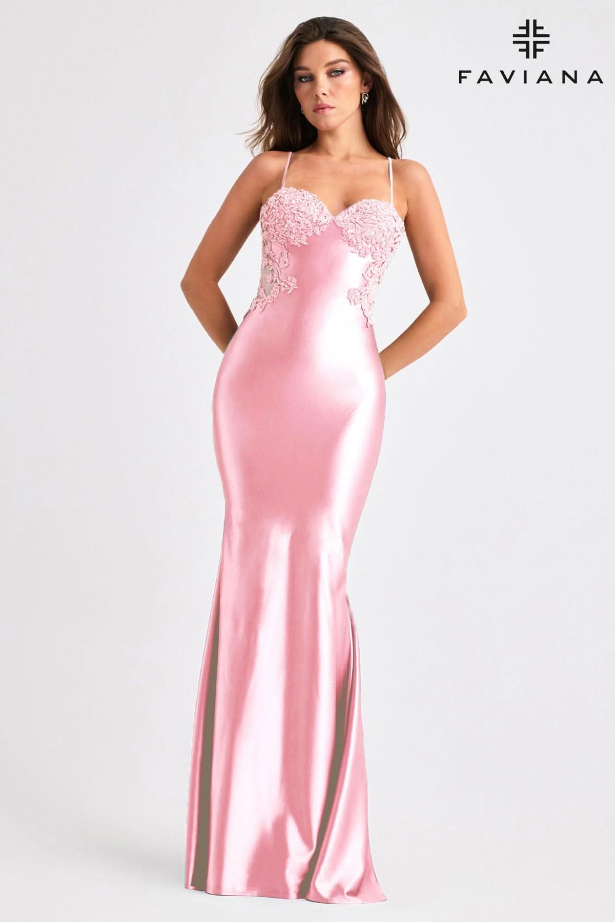 Satin Open Back Dress With Beaded Appliqué And Illusion Mesh Sides | 11403