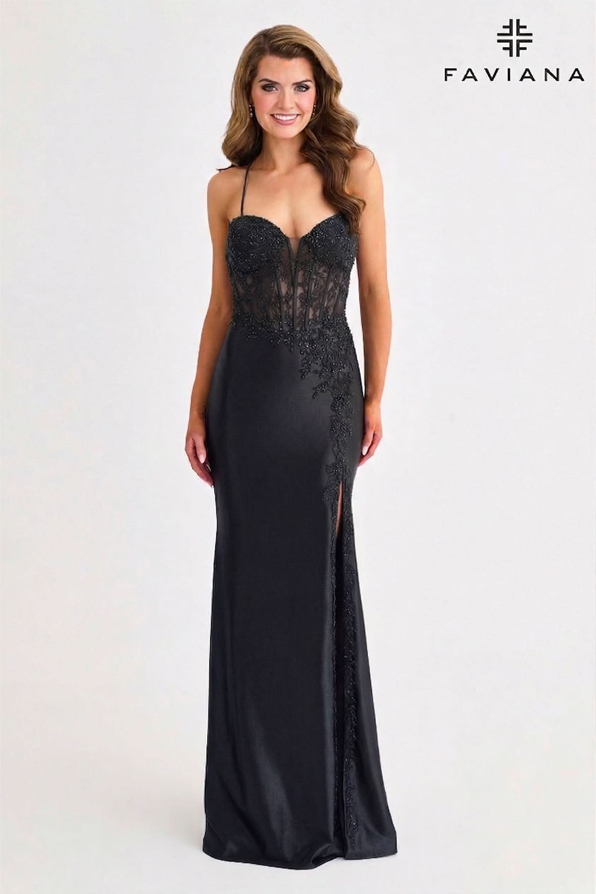 Corset Bodice Prom Dress With Gold Beaded Applique And V Neckline | Faviana Corset Bodice Prom Dress With Gold Beaded Applique And V Neckline | Faviana