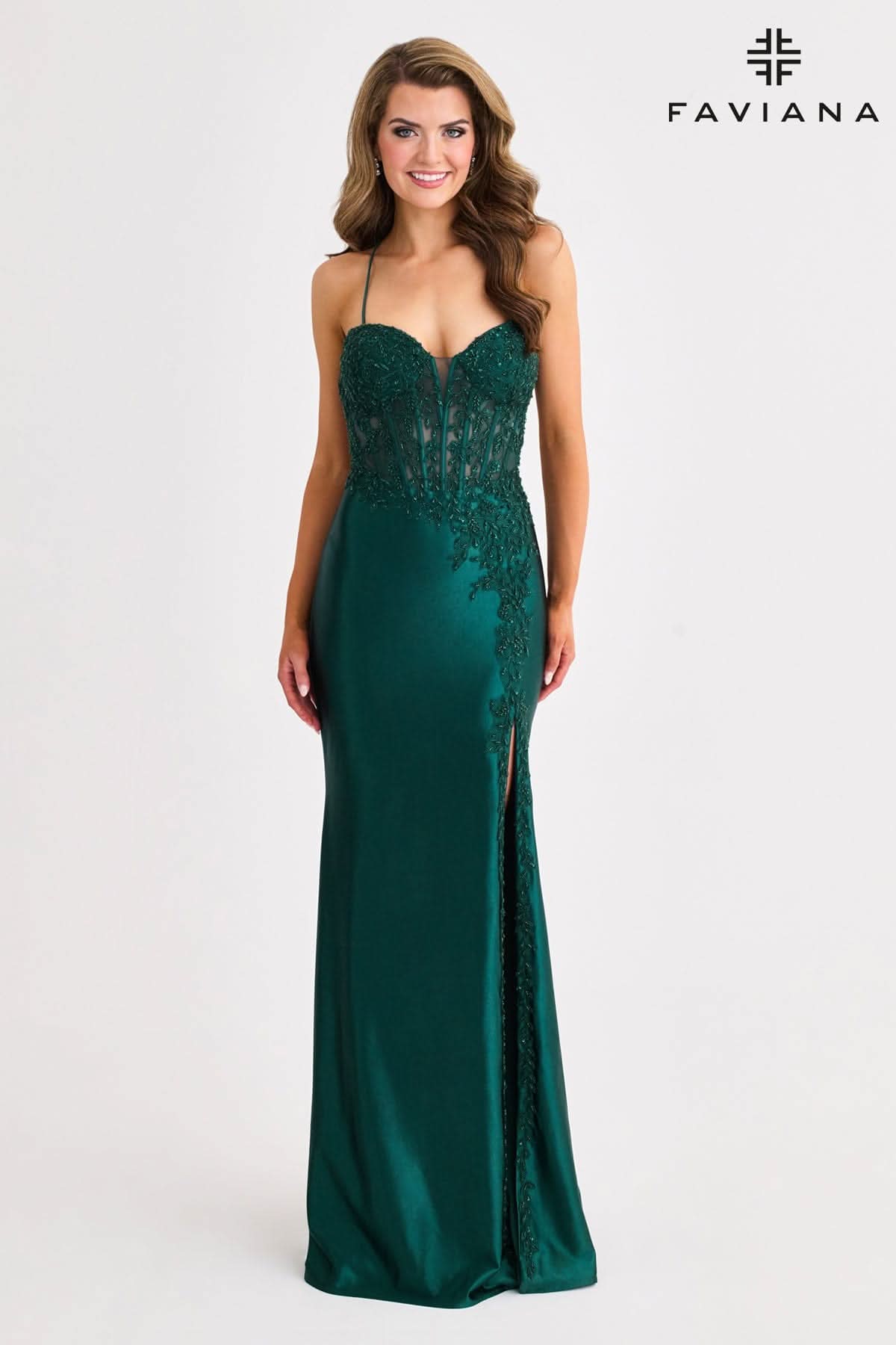 Sage Green Long Lace Deep V Neck Dress With Lace Up Back | Faviana Sage Green Long Lace Deep V Neck Dress With Lace Up Back | Faviana
