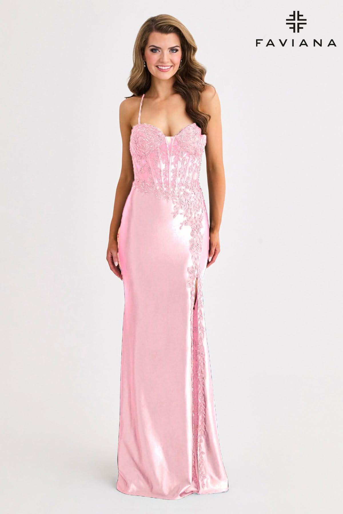 Light Pink Sweetheart Satin Corset Dress With Asymmetrical Beading