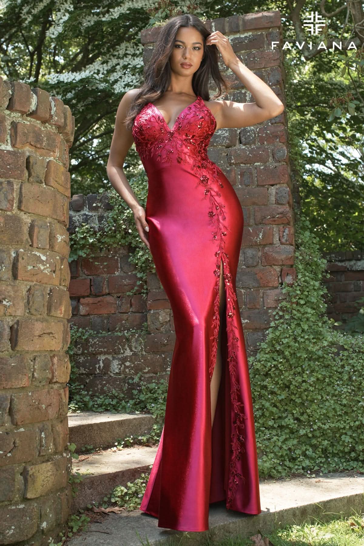 Halter Satin Gown With Asymmetrical Beaded Appliqué | 11405